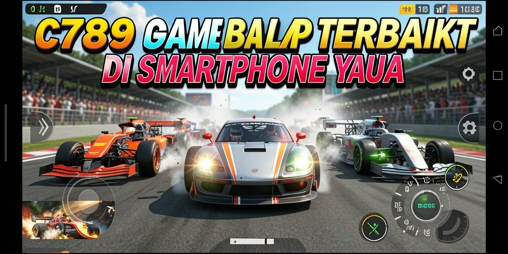 Gameplay C789 yang mendebarkan dengan mobil balap cepat.