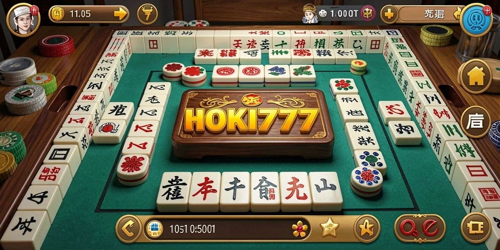 Screenshot gameplay HOKI777 menampilkan suasana permainan Mahjong yang seru.