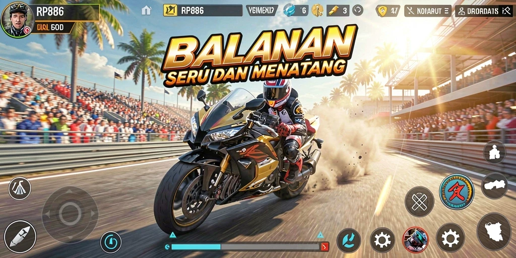Tampilan gameplay RP886 menampilkan mobil balap yang melaju kencang di lintasan.