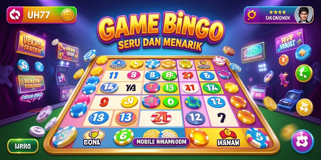 Screenshot gameplay UH77 dengan kartu Bingo yang berwarna-warni.